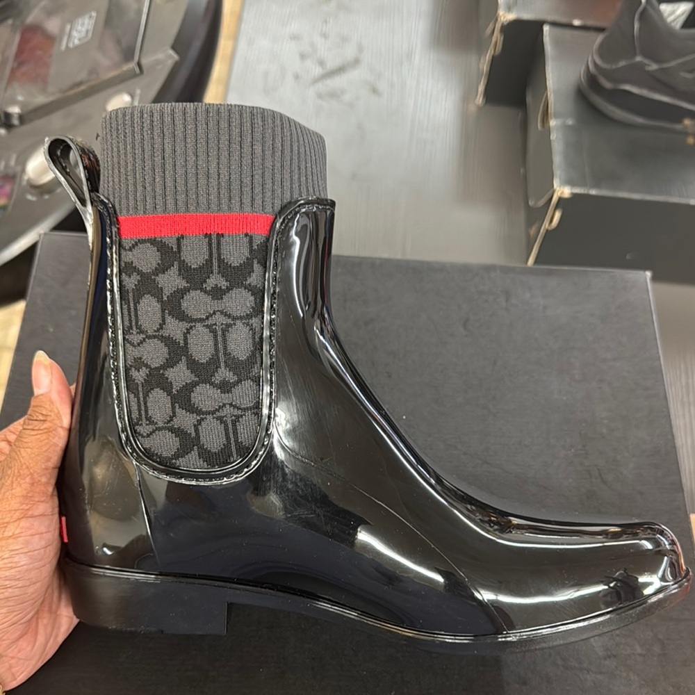 Coach Black Glossy Ankle Rain Boots with Red Accent